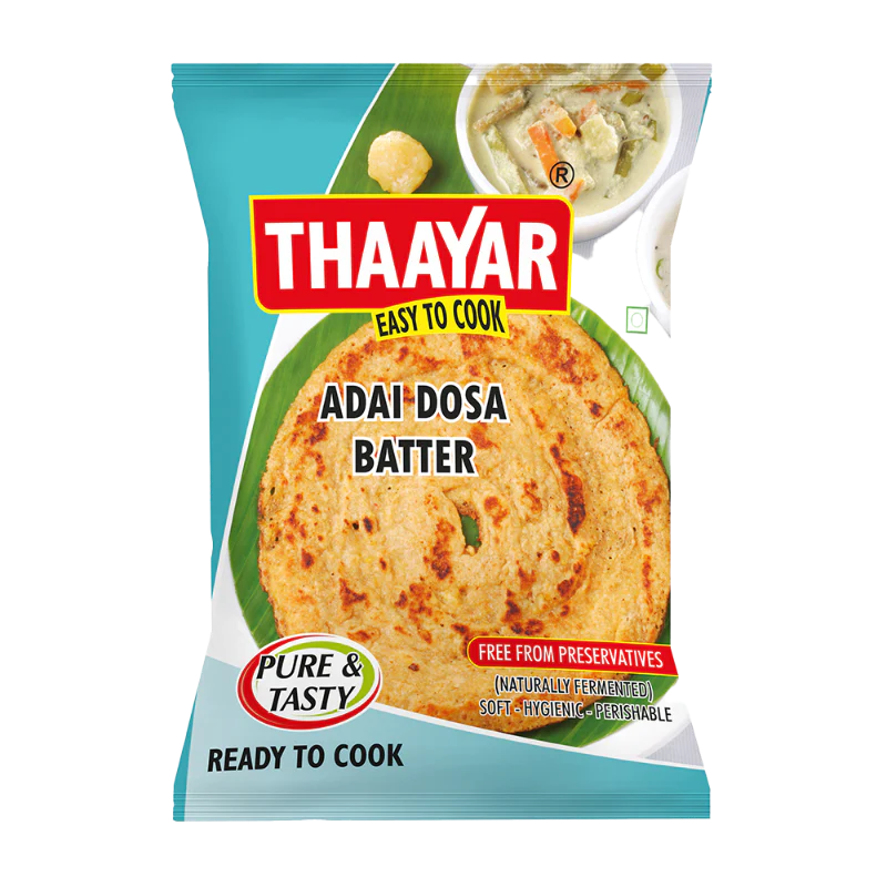Thaayar Adai Dosa Batter packaging with a picture of dosa