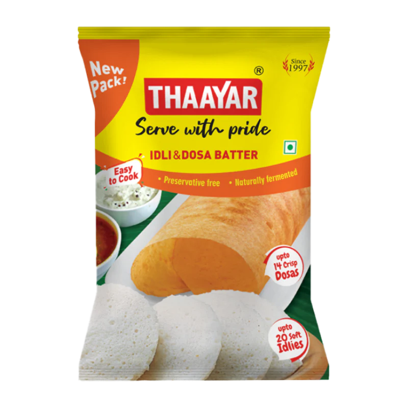 Thaayar IDLI & DOSA BATTER packaging with images of dosas and idlis