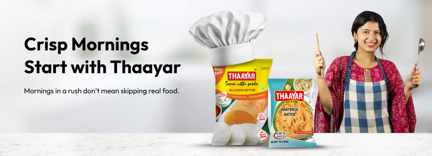 Woman holding a Thaayar product with text 'Crisp Mornings Start with Thaayar'